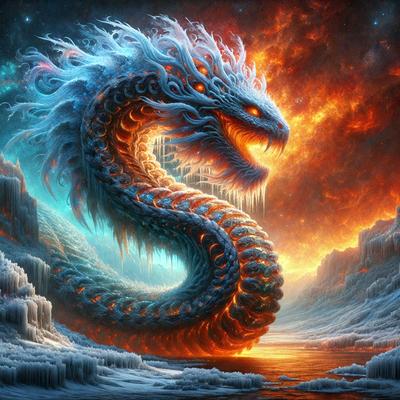 Primary subject: A dragon with a long, curved tail and a fierce expression.

Setting/background: The dragon is standing in front of a large, icy mountain.

Visual style: The dragon is a digital art piece, with a detailed and intricate design.

Colors and mood: The dragon is predominantly blue, with orange accents on its face and tail. The overall atmosphere is intense and dramatic, reflecting the fierce nature of the dragon.